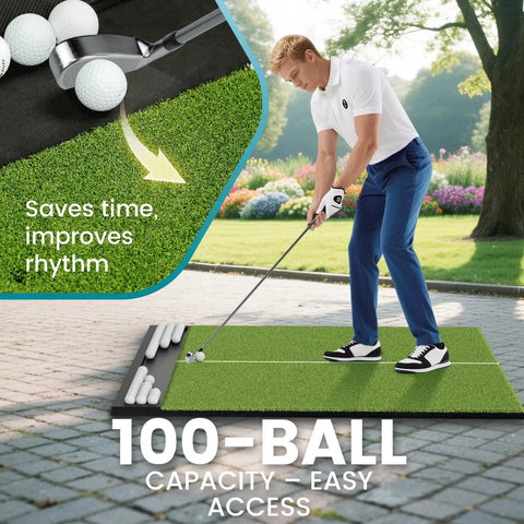 Man practicing on 6x4Ft Golf Practice Mat with Built In Ball Tray Alignment Line EVA Foam Base Durable Turf And 3 Tees outdoors