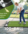 Man practicing on Indoor Outdoor Golf Practice Mat With Built In Ball Tray And Alignment Line in backyard, 5x4 ft, 26mm turf, EVA foam base