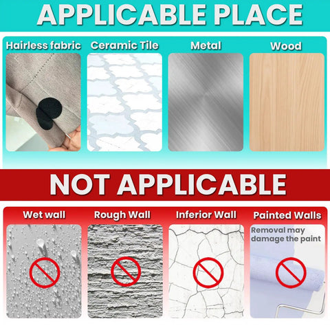 Image showing applicable surfaces for Heavy Duty Hook and Loop Strips With High Adhesive, 72 Sets Including Circles, Squares, and Strips