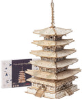 3D Wooden Puzzle Craft Kit for Adults and Kids, Five-Storied Pagoda Model Build, DIY Woodcraft Project displayed with packaging