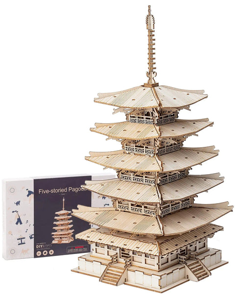 3D Wooden Puzzle Craft Kit for Adults and Kids, Five-Storied Pagoda Model Build, DIY Woodcraft Project displayed with packaging