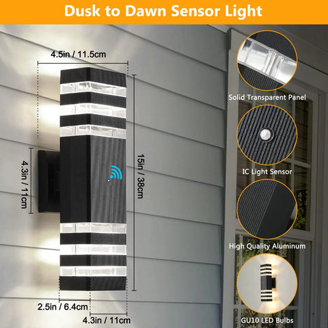 Dusk To Dawn Outdoor Wall Light 3 Layer Up And Down Matte Black IP65 Waterproof Exterior Sconce mounted on wall with dimensions