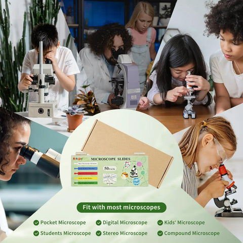 Must Have 50 Prepared Microscope Slides Kit With Diverse Plant, Animal, And Microorganism Specimens For Biology STEM Learning, Includes 5 Instruction Cards And 2 Cleaning Cloths, 50-pack box