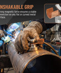 Five Piece Magnetic Welding Ground Clamp Set That Slaps Securely To Any Metal For Heavy Duty Jobs With Zero Hassle And Total Grip For Pros Who Need Reliable Grounding Fast, showing strong magnetic grip on metal surface.