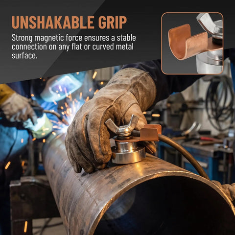 Five Piece Magnetic Welding Ground Clamp Set That Slaps Securely To Any Metal For Heavy Duty Jobs With Zero Hassle And Total Grip For Pros Who Need Reliable Grounding Fast, showing strong magnetic grip on metal surface.