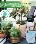 Solar Powered Automatic Garden Irrigation System With Drip Kit And Timer, plants being watered, solar panel, and timer visible