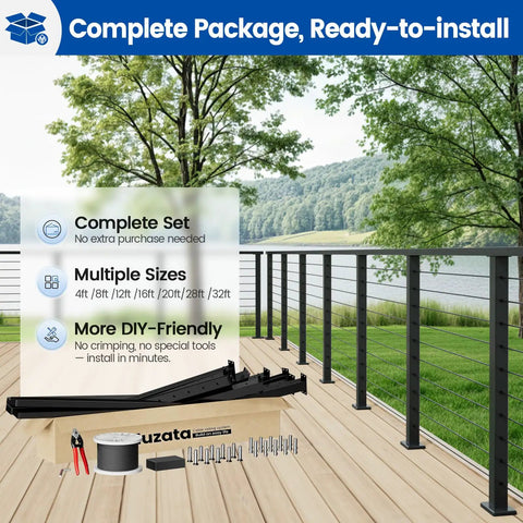 No Hassle Black Cable Railing Kit 28 To 32 Feet Surface Mount 36 Inch Deck Rail System complete set displayed on deck.