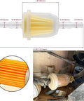 Heavy Duty Inline Fuel Filter For One Quarter Inch And Five Sixteenth Inch Fuel Lines Fits Riding Mowers And Lawn Tractors Keeping Carburetors Clean Compatible With John Deere And Kohler Models Like X300 Z335E LA115 D130 AM116304 Replacement shown with measurement details and installed view