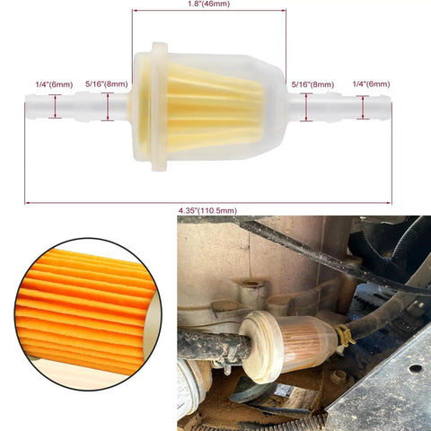 Heavy Duty Inline Fuel Filter For One Quarter Inch And Five Sixteenth Inch Fuel Lines Fits Riding Mowers And Lawn Tractors Keeping Carburetors Clean Compatible With John Deere And Kohler Models Like X300 Z335E LA115 D130 AM116304 Replacement shown with measurement details and installed view