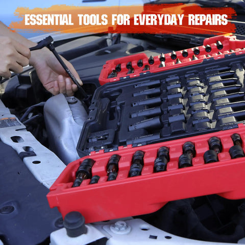 Pro Grade All In One 73 Piece Hex Torx Impact Socket Set With Deep And Shallow Sockets in use during auto repair