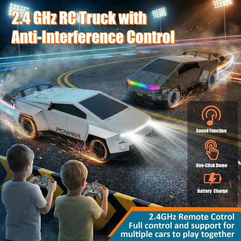 Children playing with Rad All Terrain Cyber RC Truck with Two Point Four Gigahertz Radio racing on track