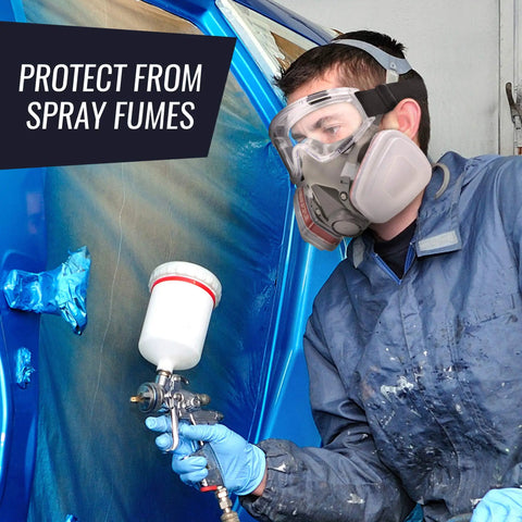Painter using respirator mask with 8-Pack Replacement Carbon Filters For Respirator Masks, Pro-Grade Multi-Layer Cotton Filtration