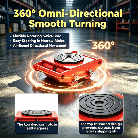 360 degree swivel pad for Heavy Duty 4PCS Machine Skates For Big Rig Moves, designed for easy steering in narrow aisles.