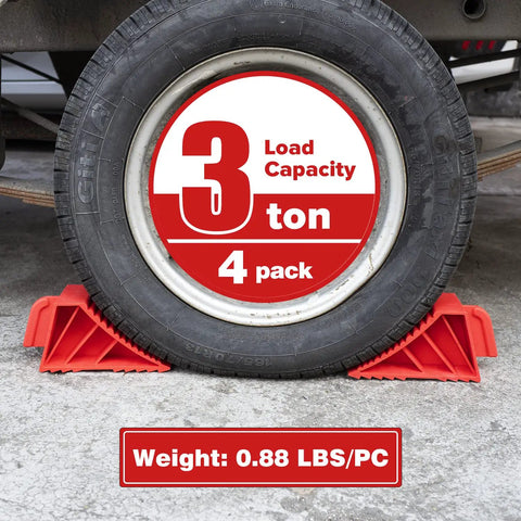 Heavy Duty Rubber Wheel Chocks Set Of 4 For Travel Trailers RV Campers And Trucks, Lightweight Yet Sturdy And Tough As Nails, TPR Material Holds Up To 3 Tons Capacity 6500 Lb, Red