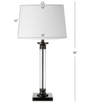 Two Pack 30 Inch Table Lamps In Black And Clear Glass With Metal Column Base And White Linen Drum Shade, Classic Iron Look, LED Bulbs Included, ETL Listed For Safe Living Room Or Bedroom Lighting.