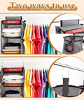 Two Pack Six Shelf Weekly Kids Clothes Organizer with Monday label, side pockets, hanging on closet rod, 47 inch tall, gray.