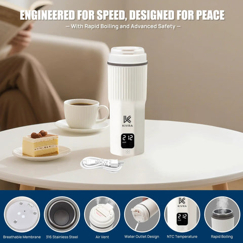 Travel Kettle 316 Stainless Steel Portable Water Boiler 450ml With 6 Temperature Settings Auto Shut Off Boil Dry Protection Compact Electric Kettle For Global Use 100 240V LCD Display Built For On The Go Travel Friendly on a table.