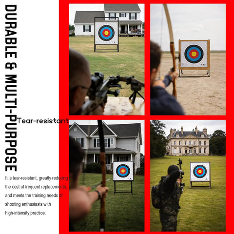 20 Pack Degradable Archery Targets Paper Made From Starch-Based Plastic displayed outdoors with archers aiming at the targets