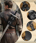 Back view of 2 In 1 Faux Leather Medieval Shoulder Armor With Back Sword Frog For LARP Cosplay, detailed buckles and straps