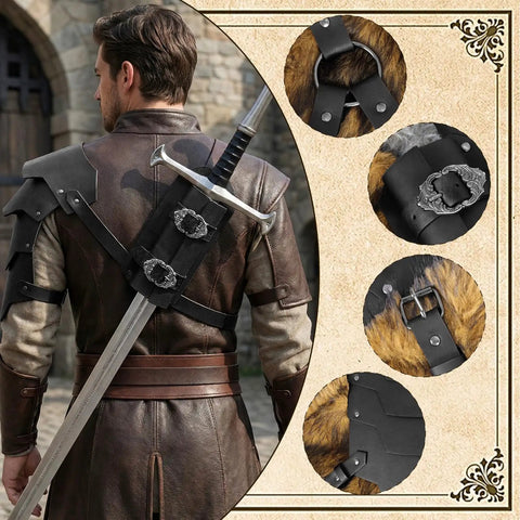 Back view of 2 In 1 Faux Leather Medieval Shoulder Armor With Back Sword Frog For LARP Cosplay, detailed buckles and straps