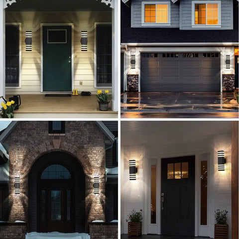 Up And Down Outdoor Wall Light Dual Sconce In Black Modern Three Layer Aluminum Exterior Fixture For House IP65 Waterproof Porch And Garage Warm White 3000K Two Pack shown on porches and garages
