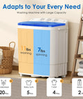 Game Changer Compact Twin Tub Portable Washing Machine With Fast Spin Dryer And Simple Dial Controls Lightweight Semi Automatic Laundry Combo showing 11lbs washing and 7lbs spinning capacity.