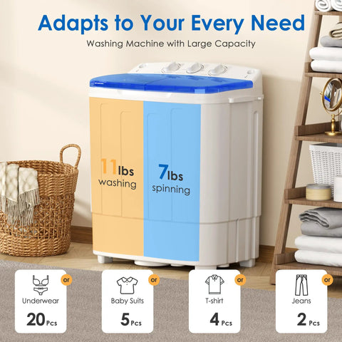 Game Changer Compact Twin Tub Portable Washing Machine With Fast Spin Dryer And Simple Dial Controls Lightweight Semi Automatic Laundry Combo showing 11lbs washing and 7lbs spinning capacity.