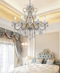Antique Silver Crystal Candle Chandelier Lighting Fixture for Dining Room Foyer and Living Room with Vintage Vibe in bedroom setting