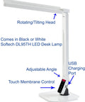 Natural Light Smart LED Desk Lamp With Tilting Head White Four Light Modes For Reading Study Relaxation Bedtime Five Level Dimmer Touch Sensor Panel One Hour Auto Timer USB Charging Port For Phones And Gadgets, side view showing tilting head and USB port