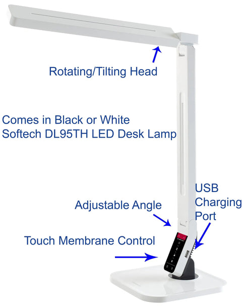 Natural Light Smart LED Desk Lamp With Tilting Head White Four Light Modes For Reading Study Relaxation Bedtime Five Level Dimmer Touch Sensor Panel One Hour Auto Timer USB Charging Port For Phones And Gadgets, side view showing tilting head and USB port