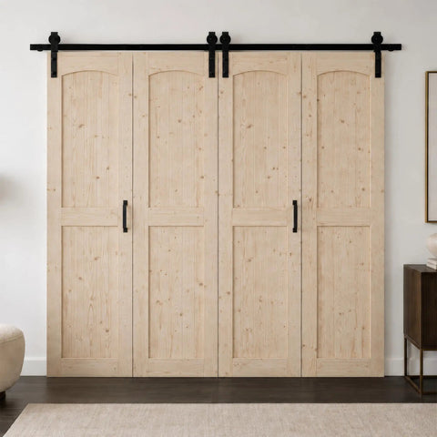 Heavy Duty 80 Inch Double Bifold Barn Door Hardware Kit With Super Slick Spring Steel Tracks And Smooth Glide Rollers For Rustic Spruce Wood Closet Doors in a living room setup.