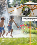Children playing under parasol with outdoor spray cooling system; inset of 15 Pcs Brass Misting Plugs For Outdoor Spray Cooling System Heavy Duty 10 24 UNC Threads Leak Proof Seal For Greenhouse Patio And Misting Mister Systems