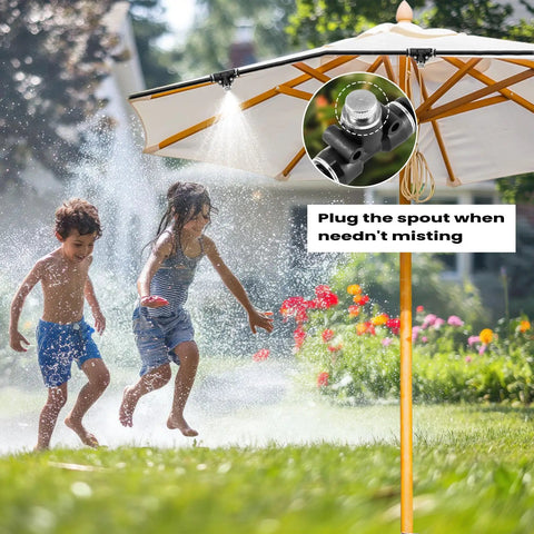 Children playing under parasol with outdoor spray cooling system; inset of 15 Pcs Brass Misting Plugs For Outdoor Spray Cooling System Heavy Duty 10 24 UNC Threads Leak Proof Seal For Greenhouse Patio And Misting Mister Systems