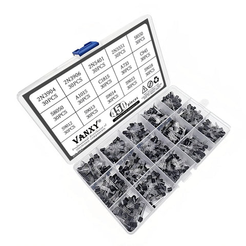 450 Piece TO 92 Transistor Kit With 15 Dope Values Including 2N3904 2N3906 2N5401 2N5551 S8550 S8050 in clear storage box