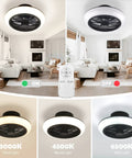 Slick 18 Inch Ceiling Fan With Lights and 2.4G Remote showing warm, neutral, white LED light settings in living room setup
