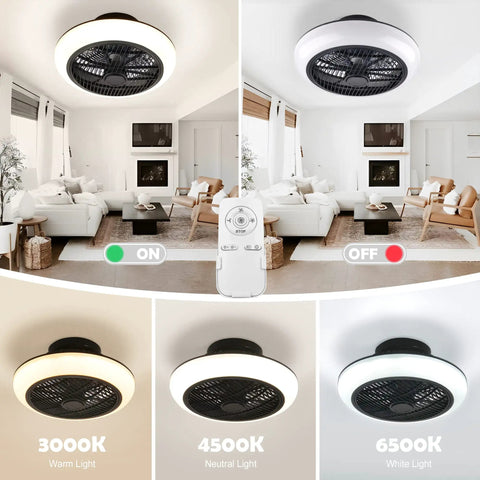 Slick 18 Inch Ceiling Fan With Lights and 2.4G Remote showing warm, neutral, white LED light settings in living room setup