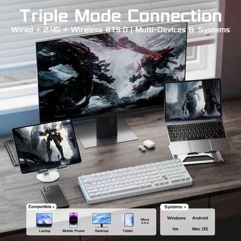 Rock Solid Aluminum Wireless Mechanical Gaming Keyboard With Dedicated Numberpad Featuring Tri Mode Bluetooth And Usb Wired Connection For Zero Lag Action And Butter Smooth Typing On Windows Mac And Tablets on a desktop with monitors and devices.