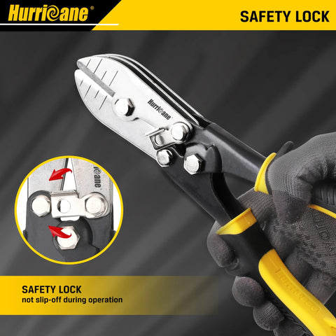 Hurricane 5-blade sheet metal crimper with safety lock; yellow and black handle, close-up view