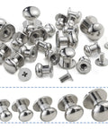 Heavy Duty Round Head Button Studs And Chicago Screws Assorted In 120 Pieces Dope Silver Zinc Alloy Hardware For Leather Craft DIY, various sizes displayed