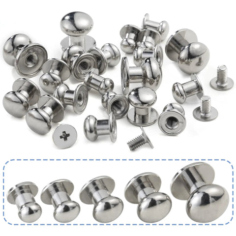 Heavy Duty Round Head Button Studs And Chicago Screws Assorted In 120 Pieces Dope Silver Zinc Alloy Hardware For Leather Craft DIY, various sizes displayed