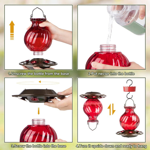 Assembly instructions for Hummingbird Feeder Glass 26 Ounces Outdoor Hanging With Ant Moat 5 Flower Ports Rustproof Netted Bottle