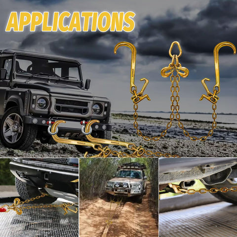 G80 V Bridle Chain Five Sixteenths Inch By Three Feet Heavy Duty Transport Chain with J Hooks towing a vehicle