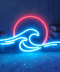 Sunrise Sunset Neon Sign Dimmable Wave Ocean Neon Wall Light For Living Room Bedroom Office Bar Party Christmas Ice Blue Red Color Options Tropical Lit Vibe Decor glowing against a dark backdrop.