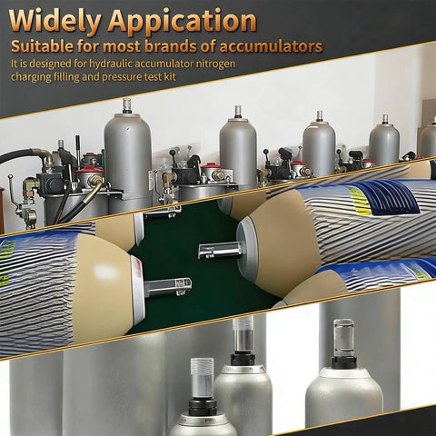 Hydraulic Nitrogen Accumulator Charging Kit With Three Pressure Gauges, Six Couplings And One Gas Hose For Hydraulic Systems All In One Setup For Fast Nitrogen Charging And Leak Free Operation, showing various accumulators and connections.