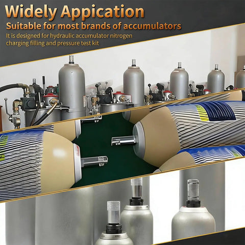 Hydraulic Accumulator Charging Kit With Three Gauges 1500 4000 6000 PSI Six Adapters, shown with components, pro-grade tool