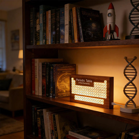 Solid Wood Periodic Table Desk Lamp With Warm Led Glow Usb Powered Science Study Gear A Hella Bright Setup For Chemistry Classrooms Dorms And Teacher Gifts Right Now on a bookshelf with books and decor.