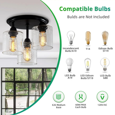 3 Light Industrial Semi Flush Mount Ceiling Light In Bronze Finish With Seeded Glass Shades Sleek Modern Fixture showing compatible bulbs