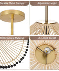 Hodevimall 19.6" Boho Rattan Pendant Light Fixture close-up showing metal canopy, adjustable height, natural material, UL listed socket.