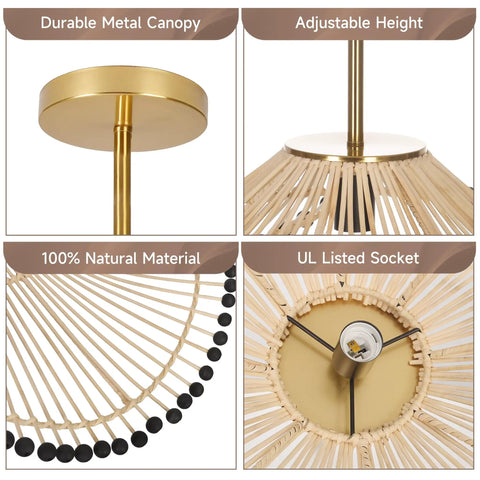 Hodevimall 19.6" Boho Rattan Pendant Light Fixture close-up showing metal canopy, adjustable height, natural material, UL listed socket.