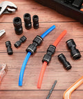 All in One 40 Piece Push to Connect Fittings Kit for Pneumatic Air Lines with 2 Way Quick Release Connectors on wooden surface